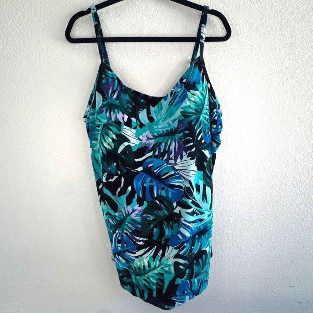 Aqua Green Tropical Palm Leaf Tankini Swim Top Blue Teal Plus Size 20W